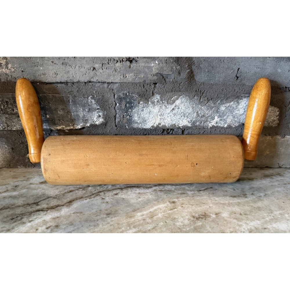 Wooden Rolling Pin Pastry Roller Upright Handles VTG 1950's Primitive Farmhouse